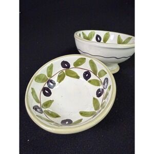 Williams Sonoma Olive Branch Ceramic Bowls Handmade in Italy Set of 2 Footed